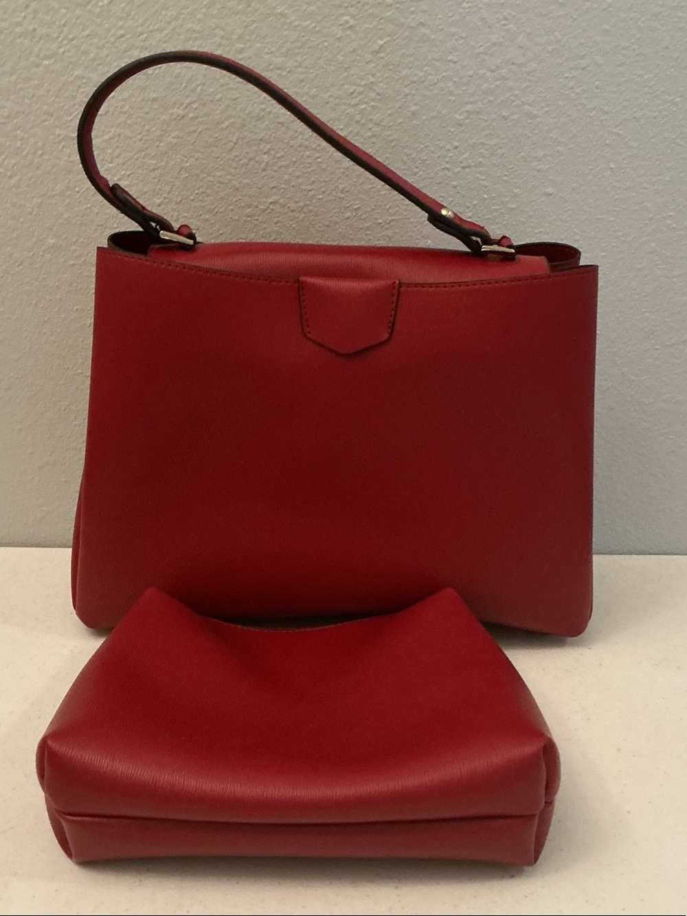 Structured Red Shoulder Bag with Matching Pouch